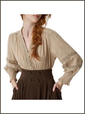 Cotton Peasant Blouse V Neck Long Sleeve Renaissance Top